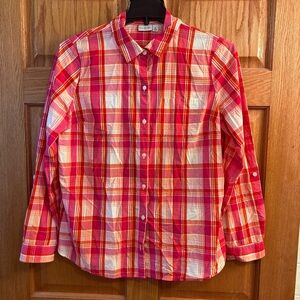 Kim Rogers Women’s Peach Plaid Long Sleeve Button Down Casual Shirt Blouse XL 16